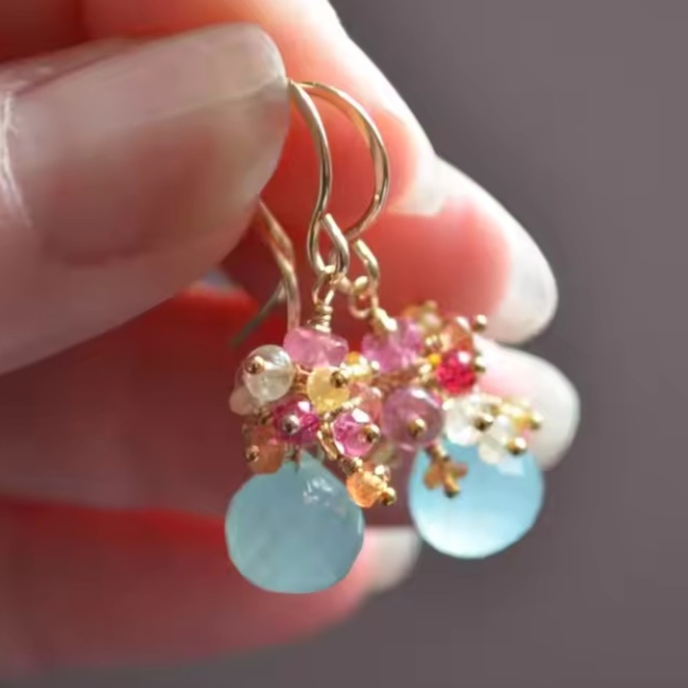 - Chalcedony Gemstone Earrings 1”-14k Gold Filled Earring Tops - Picture 4 of 6